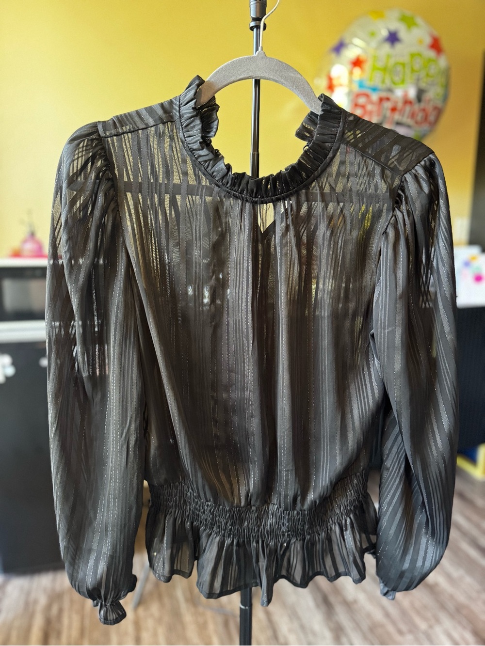 iris Sheer Black Long-Sleeve Ruffle-Neck Blouse